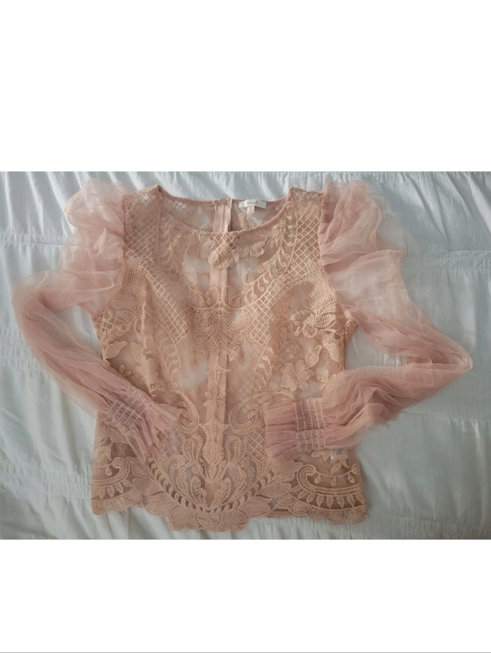 Peach Lace Dramatic Top Embroidered Lace Sheer Bell Sleeve Romantic Goth Boho M - Picture 4 of 10